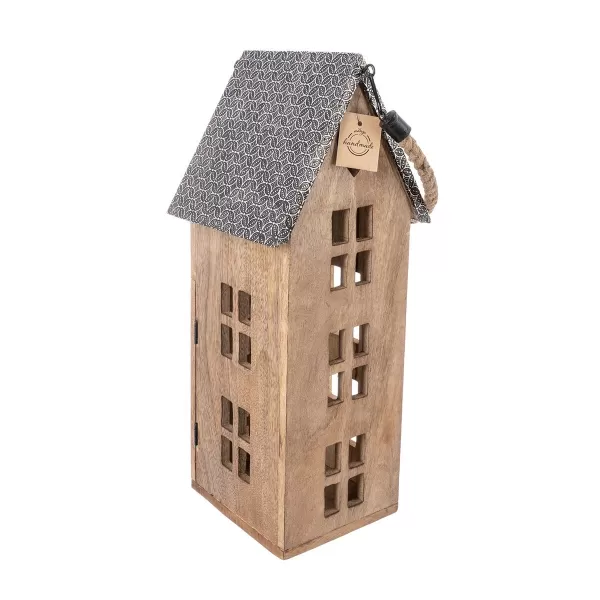 Svícen dřevo/kov MANGO domek v. 48,5 cm